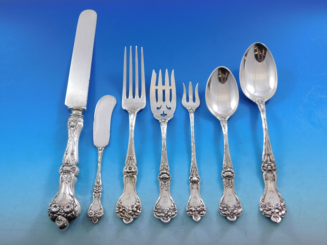 Majestic by Alvin Sterling Silver Flatware Set for 12 93 Pieces with C Monogram: Majestic by Alvin Sterling Silver Flatware Set for 12 93 Pieces with C Monogram Elevate your dining experience with the Majestic by Alvin Sterling Silver Flatware Set, designed to serve 12. This exqui