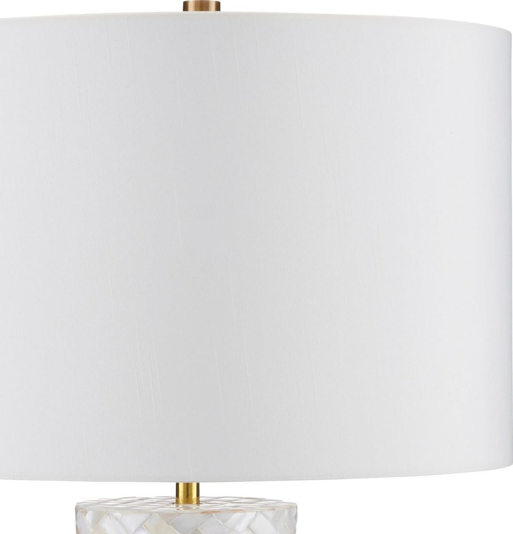 Currey Meraki Mother-of-Pearl Table Lamp 27H with Off-White Shade: Currey Meraki Mother-of-Pearl Table Lamp 27H with Off-White Shade Enhance your home decor with this elegant Chic Mother-of-Pearl Table Lamp. Crafted from engineered wood and adorned with a stunning mo