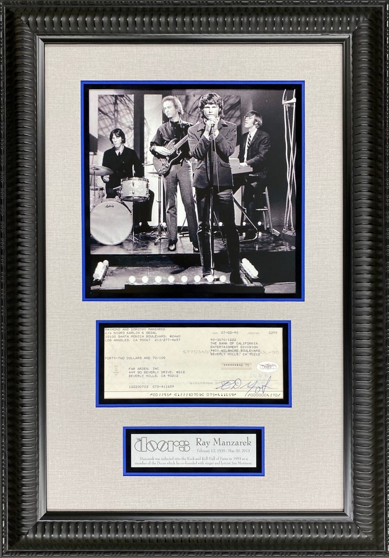 Ray Manzarek Signed Check Display Custom Framed JSA COA 19x27: Ray Manzarek Signed Check Display Custom Framed JSA COA 19x27 Celebrate the legacy of rock music with this custom framed display featuring a signed bank check by Ray Manzarek, the iconic keyboardist o