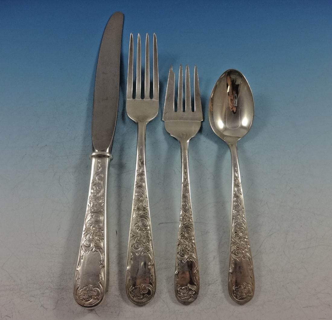Kirk Old Maryland Engraved Sterling Silver Flatware Set 24 Pieces with Caddy: Kirk Old Maryland Engraved Sterling Silver Flatware Set 24 Pieces with Caddy This elegant Old Maryland Engraved flatware set by Kirk is composed of 24 pieces, crafted from high-quality sterling silver