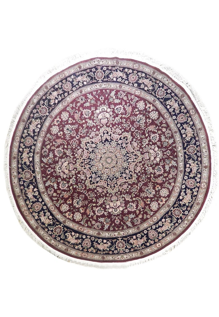 Burgundy Black 8'1 Round Wool Silk Rug Handmade in China: Burgundy Black 8'1 Round Wool Silk Rug Handmade in China Free continental US Shipping Enhance your living space with this exquisite round rug, meticulously crafted from quality wool and silk. Measurin