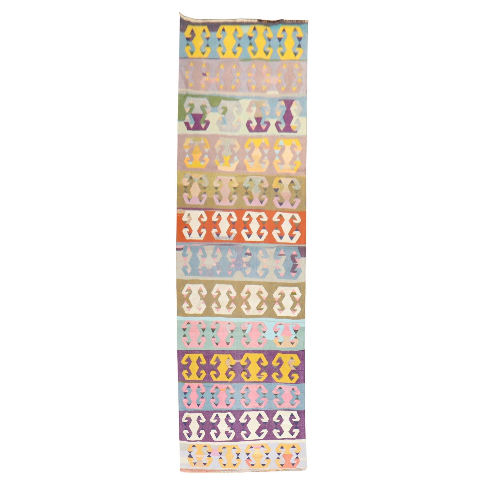 Colorful Turkish Kilim Runner Wool Hand-Knotted 32 x 120 inches: Colorful Turkish Kilim Runner Wool Hand-Knotted 32 x 120 inches This stunning Turkish Kilim Runner features vibrant colors and intricate patterns, showcasing the rich heritage of tribal design. Hand-k