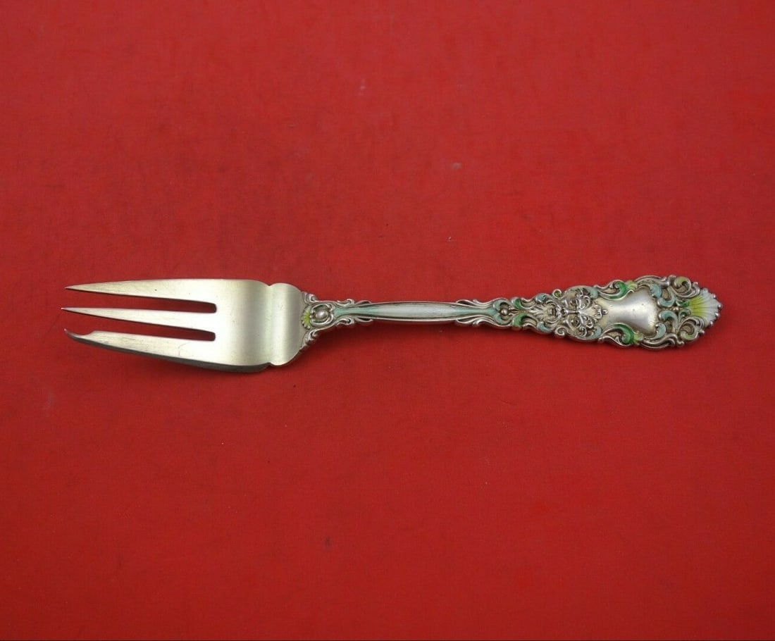 Dominick & Haff Renaissance Sterling Silver 3-Tine Pie Fork with Vermeil Enamel: Dominick & Haff Renaissance Sterling Silver 3-Tine Pie Fork with Vermeil Enamel Add a touch of elegance to your dining experience with this exquisite Renaissance pie fork by Dominick & Haff. Crafted f