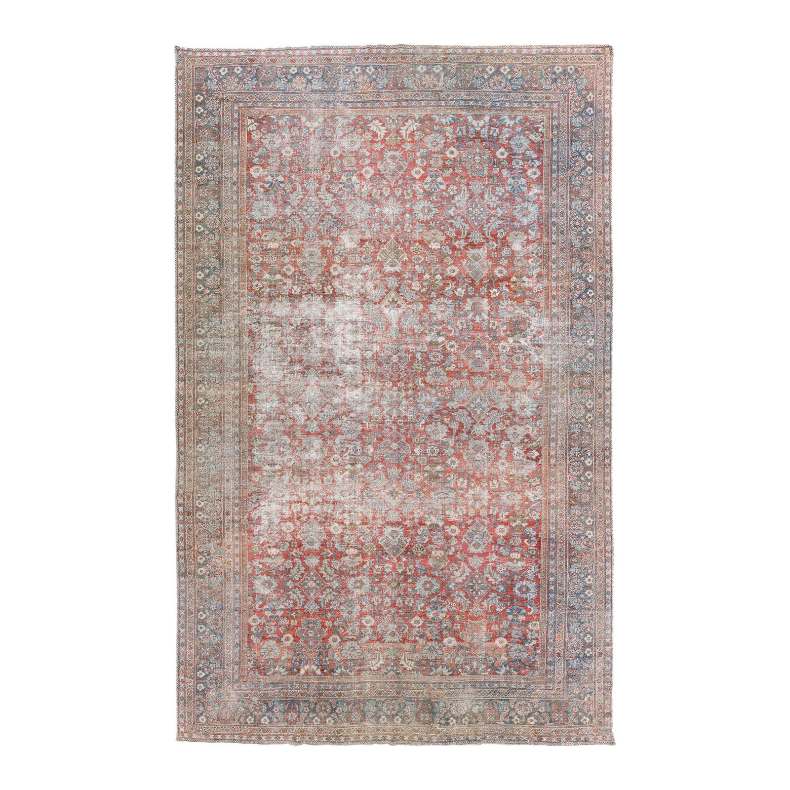 Antique Mahal Oversize Red Wool Rug with Floral Design 10'6 x 16'11: Antique Mahal Oversize Red Wool Rug with Floral Design 10'6 x 16'11 This stunning antique Mahal handmade oversize wool rug features a vibrant red field adorned with a traditional all-over floral desig