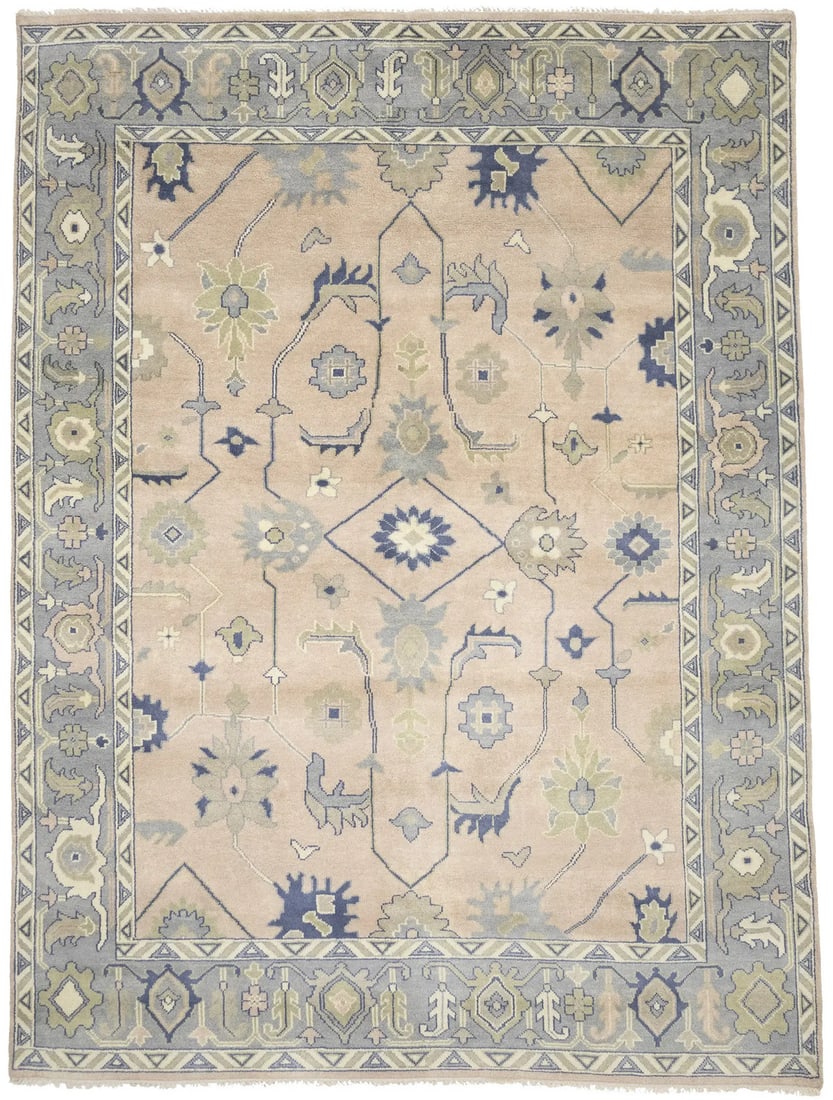 Handmade Floral Oushak Chobi Rug 9'1 x 12'1 Wool Modern Design: Handmade Floral Oushak Chobi Rug 9'1 x 12'1 Wool Modern Design Enhance your living space with this exquisite handmade Oriental rug featuring a floral pattern in muted colors, including dusty pink, gra