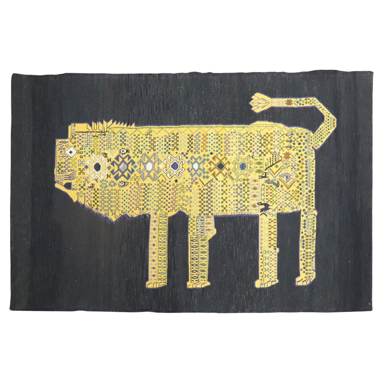 Late 20th Century Persian Kilim Lion Gorilla Design Wool Rug: Late 20th Century Persian Kilim Lion Gorilla Design Wool Rug This unique Persian Kilim features an intriguing design with a yellow lion and abstract elements, complemented by a gorilla face against a