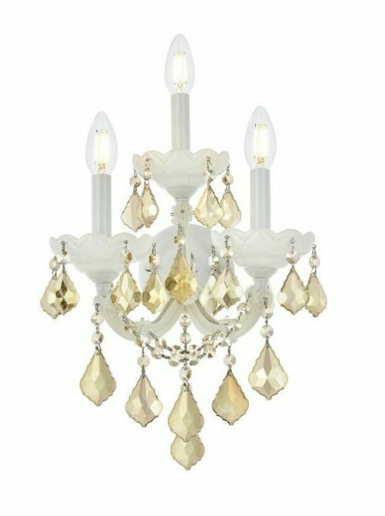 Maria Theresa 3-Light Wall Sconce with White and Golden Teak Royal Cut Crystals 22 Inch: Maria Theresa 3-Light Wall Sconce with White and Golden Teak Royal Cut Crystals 22 Inch This wall sconce features a striking combination of white and golden teak finishes, adorned with royal cut golde