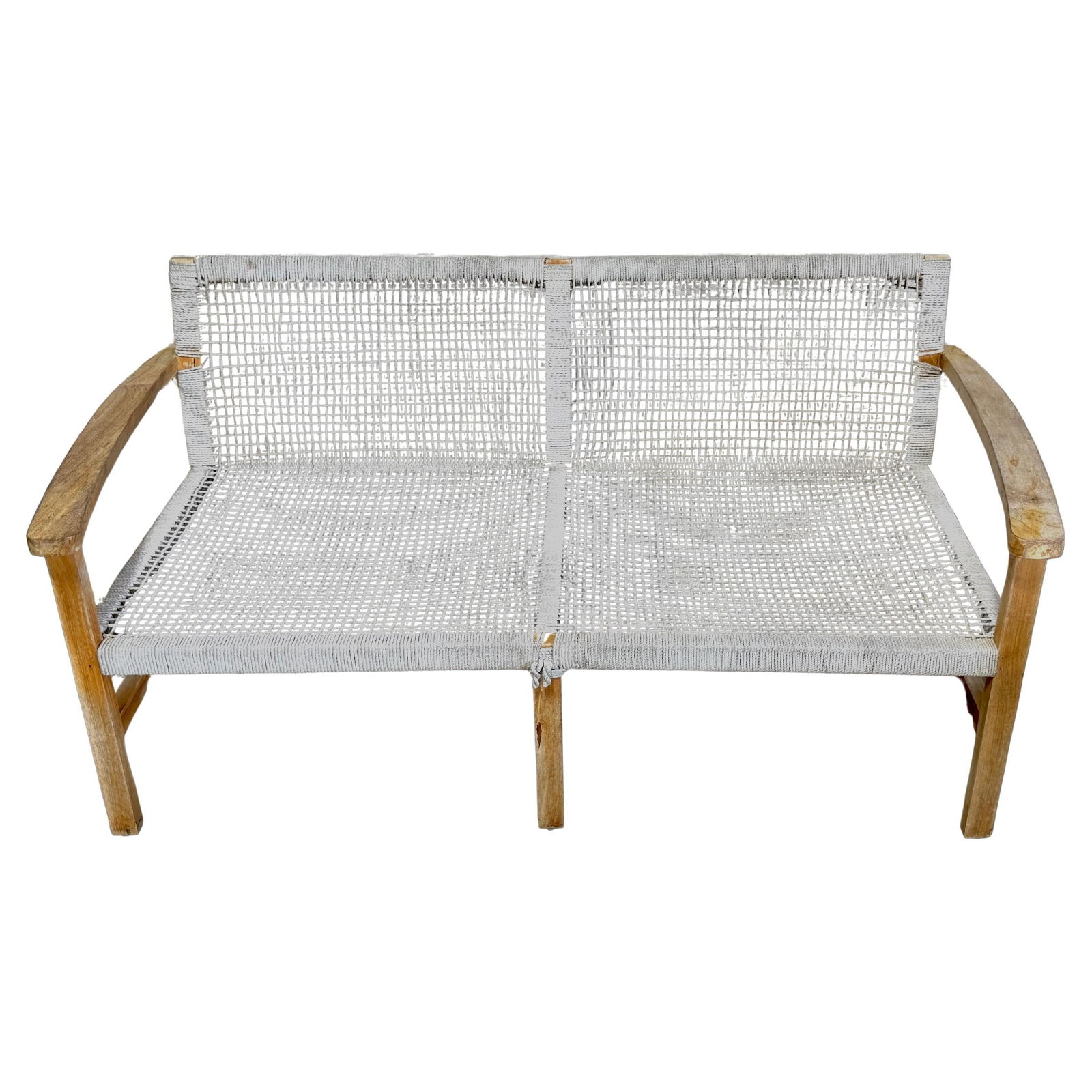 Danish Modern Boho Teak & Rope Settee Circa 1960s: Danish Modern Boho Teak & Rope Settee Circa 1960s This Boho Danish Modern settee, crafted in the 1960s, showcases a beautifully bleached and weathered teak frame paired with hand-woven natural rope se