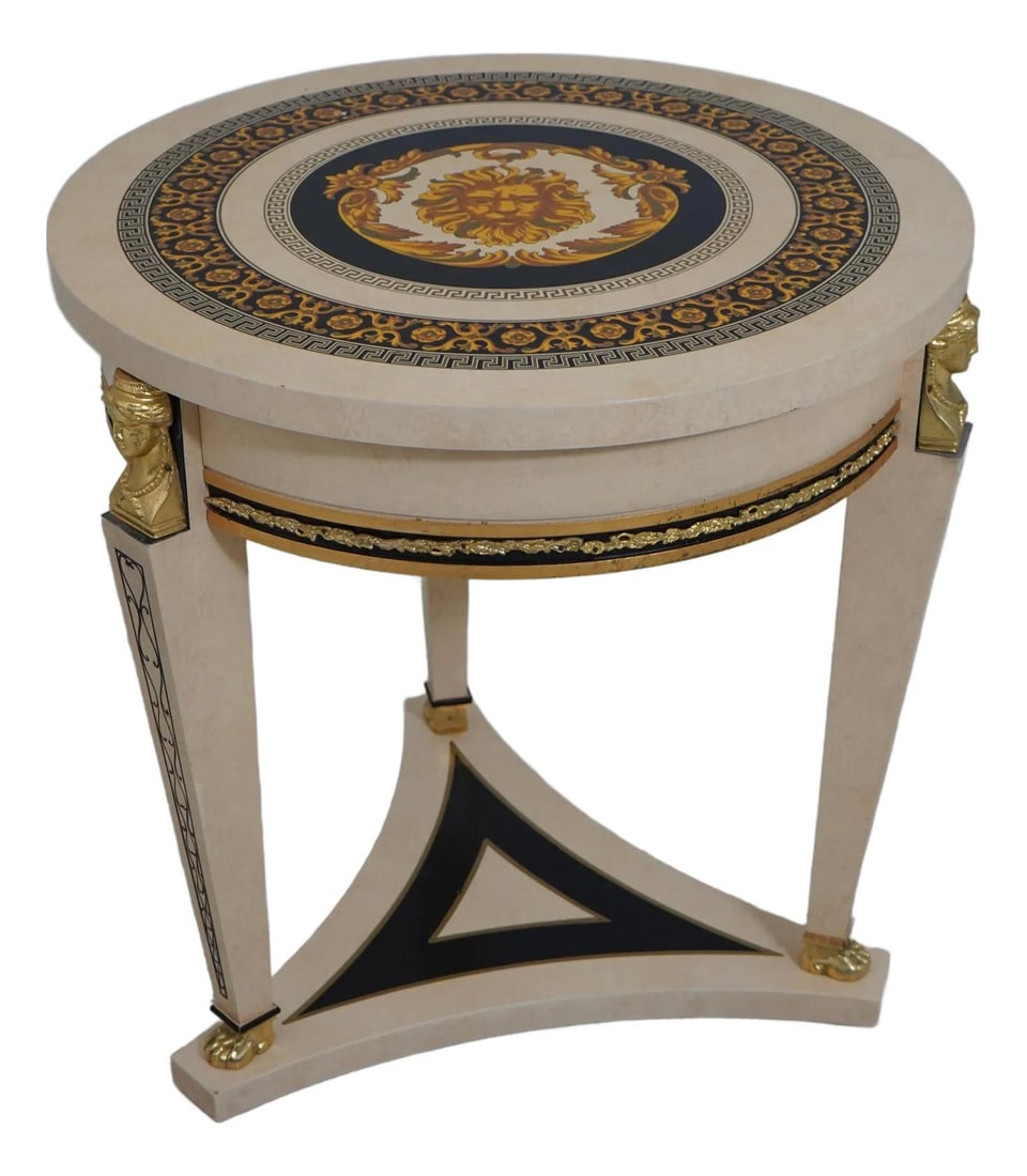 Versace Inspired Greek Key Faux Marble Center Table with Brass Lion Heads: Versace Inspired Greek Key Faux Marble Center Table with Brass Lion Heads This stunning center table showcases a design inspired by Versace, featuring a Greek key motif and elegant faux marble surface