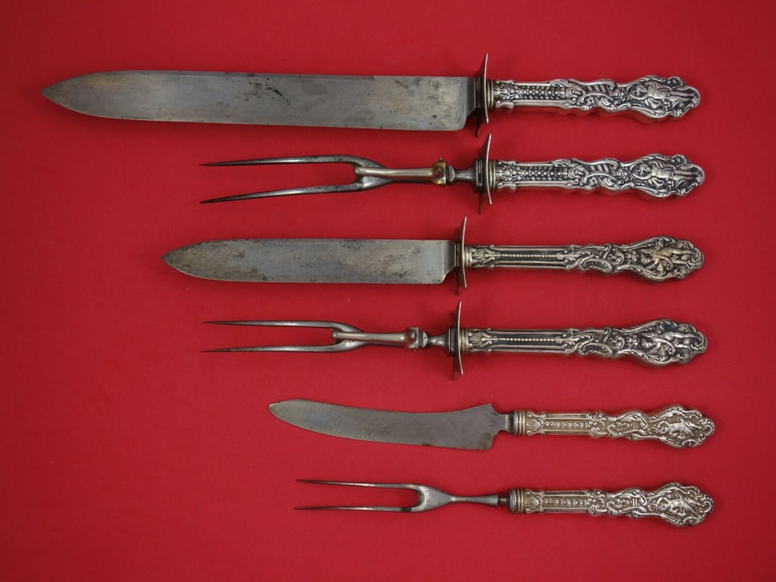Gorham Versailles Sterling Silver 6pc Roast Carving Set Antique: Gorham Versailles Sterling Silver 6pc Roast Carving Set Antique This exquisite 6-piece roast carving set, crafted by Gorham in the elegant Versailles pattern, dates back to the mid-19th century (1850-