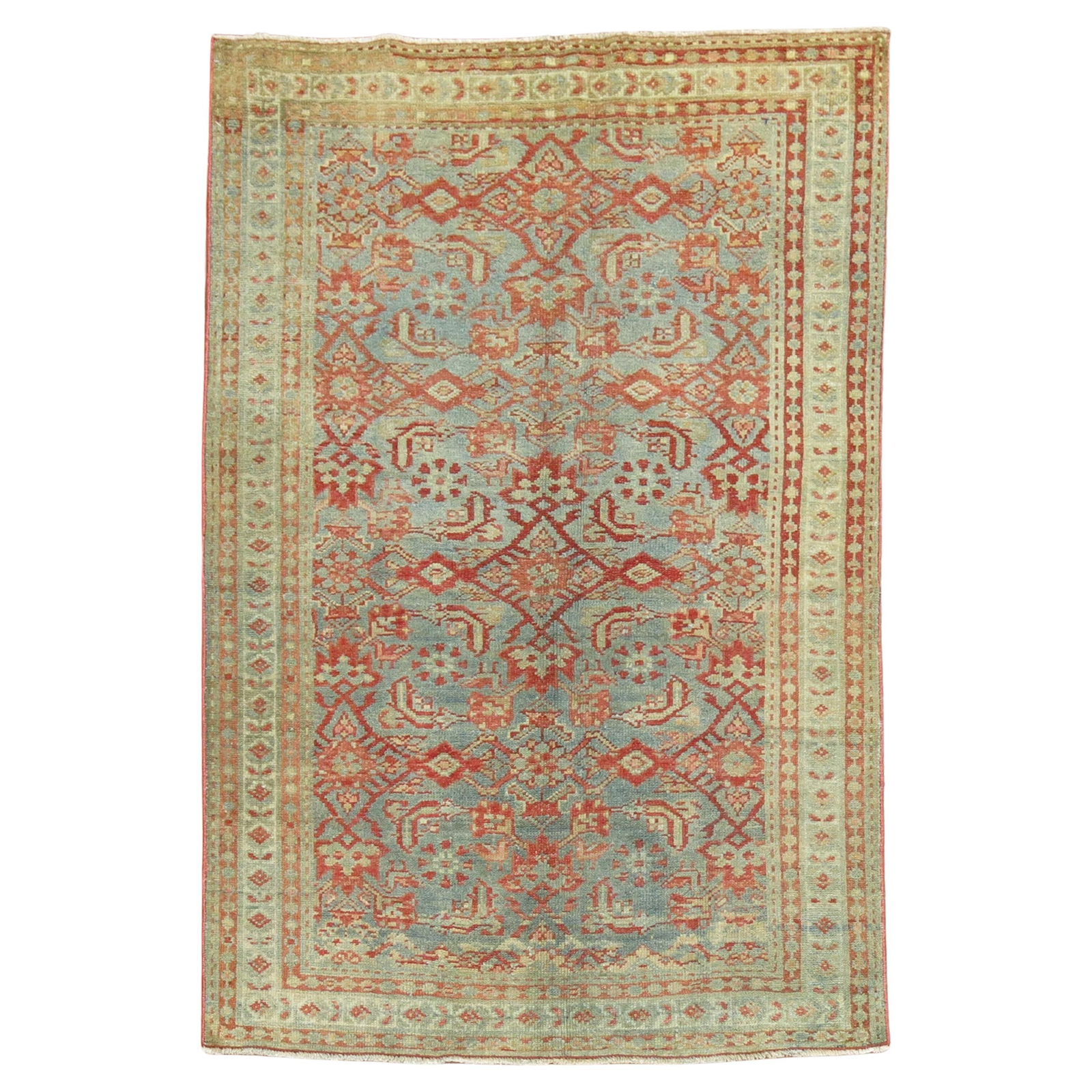 Early 20th Century Blue Persian Malayer Hand-Knotted Wool Rug: Early 20th Century Blue Persian Malayer Hand-Knotted Wool Rug This exquisite Blue Persian Malayer Scatter Rug features a stunning palette of powder blue, ivory, and turquoise, expertly hand-knotted fr