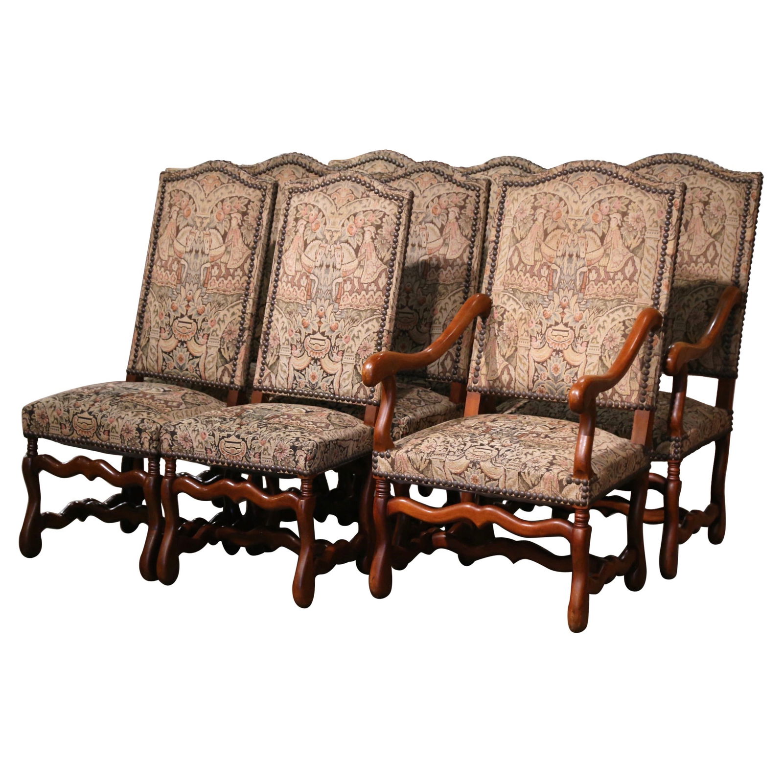Set of 8 Louis XIII Style French Os de Mouton Dining and Armchairs: Set of 8 Louis XIII Style French Os de Mouton Dining and Armchairs This set of eight mid-century French dining chairs and armchairs features the classic Louis XIII style. Crafted in France around 1960