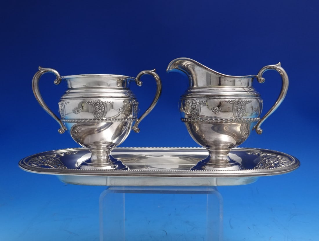 Wallace Rose Point Sterling Silver 3pc Sugar Creamer Set with Tray (1 of 11)