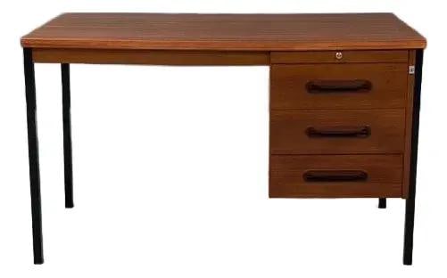 1970s Danish Modern Teak Desk with Black Steel Frame: 1970s Danish Modern Teak Desk with Black Steel Frame This stunning mid-century modern teak desk showcases a sleek design with a single bank supported by a robust black steel frame. Crafted in Denmark