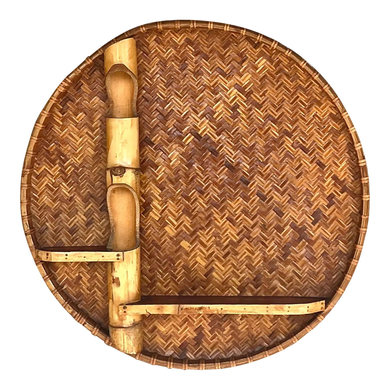 Vintage Boho Large Round Woven Rattan Bamboo Wall Shelf: Vintage Boho Large Round Woven Rattan Bamboo Wall Shelf Enhance your living space with this stunning vintage Boho woven rattan and bamboo wall shelf. Featuring an intricate chevron pattern and natural