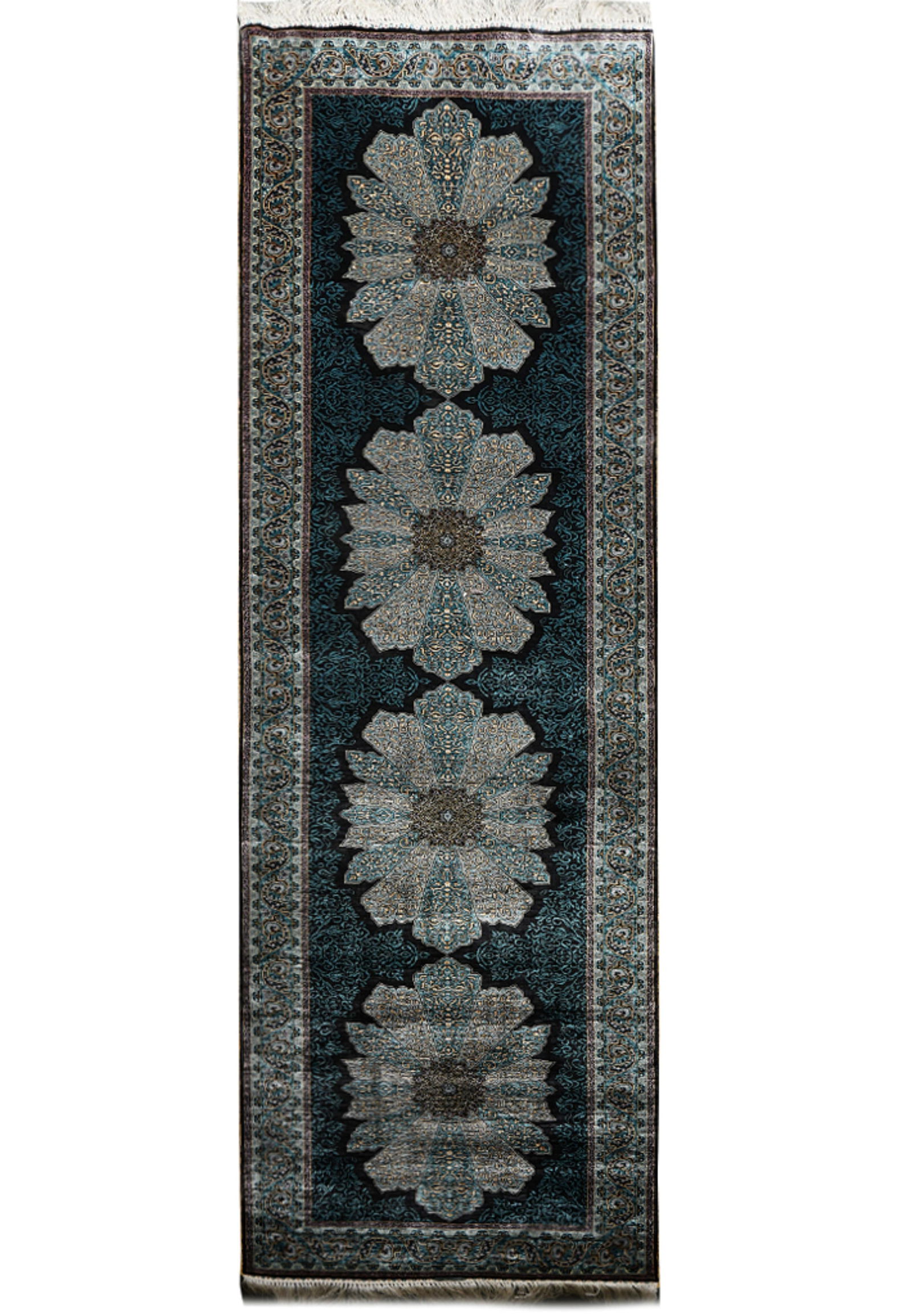 2.8 x 9.8 Blue Hand-Knotted Silk Hereke Turkish Runner Rug: 2.8 x 9.8 Blue Hand-Knotted Silk Hereke Turkish Runner Rug Free continental US Shipping This blue hand-knotted Hereke runner is meticulously crafted from premium silk, showcasing refined Turkish artis