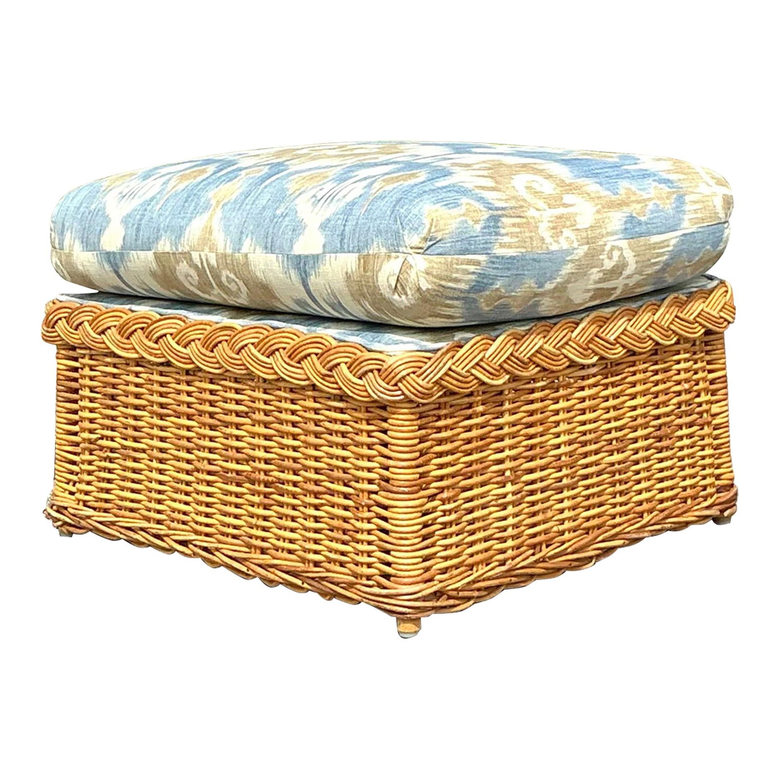 Vintage Ikat Braided Rattan Ottoman Sky Blue Coastal Accent: Vintage Ikat Braided Rattan Ottoman Sky Blue Coastal Accent Add a beachy vibe to your home with this vintage coastal Ikat braided rattan ottoman. Showcasing a vibrant Ikat pattern and intricate braide