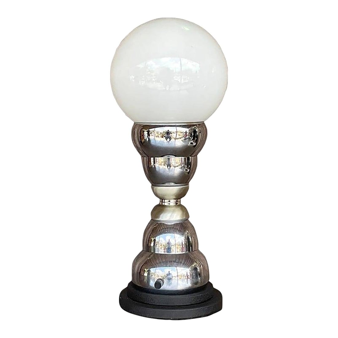 Chic Vintage Postmodern Chrome Table Lamp with White Globe: Chic Vintage Postmodern Chrome Table Lamp with White Globe Illuminate your space with this stunning vintage Postmodern table lamp. Featuring a chic stacked chrome design topped with a large white glob