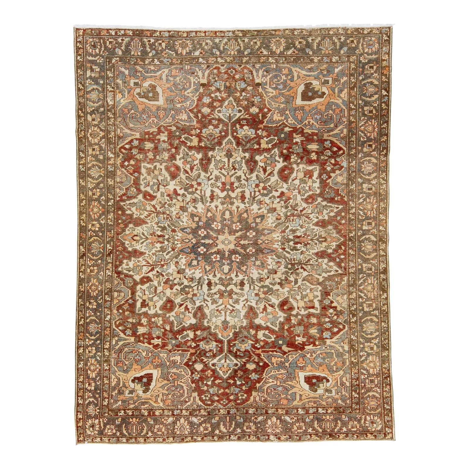 Antique Persian Bakhtiari Wool Rug with Rosette Design 9'1 x 11'10: Antique Persian Bakhtiari Wool Rug with Rosette Design 9'1 x 11'10 This exquisite Antique Bakhtiari rug features a hand-knotted construction with a stunning rust-colored field. The timeless rosette mo