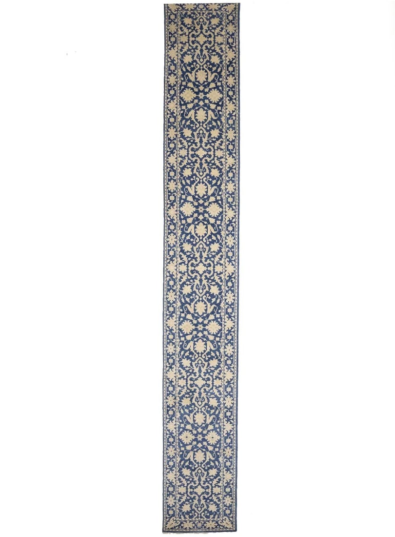 Hand-Knotted Wool Oriental Runner Rug in Muted Blue Floral Pattern 2'6 x 17'10: Hand-Knotted Wool Oriental Runner Rug in Muted Blue Floral Pattern 2'6 x 17'10 This hand-knotted runner rug features a muted blue floral pattern with cream and beige accents, creating a modern yet tim