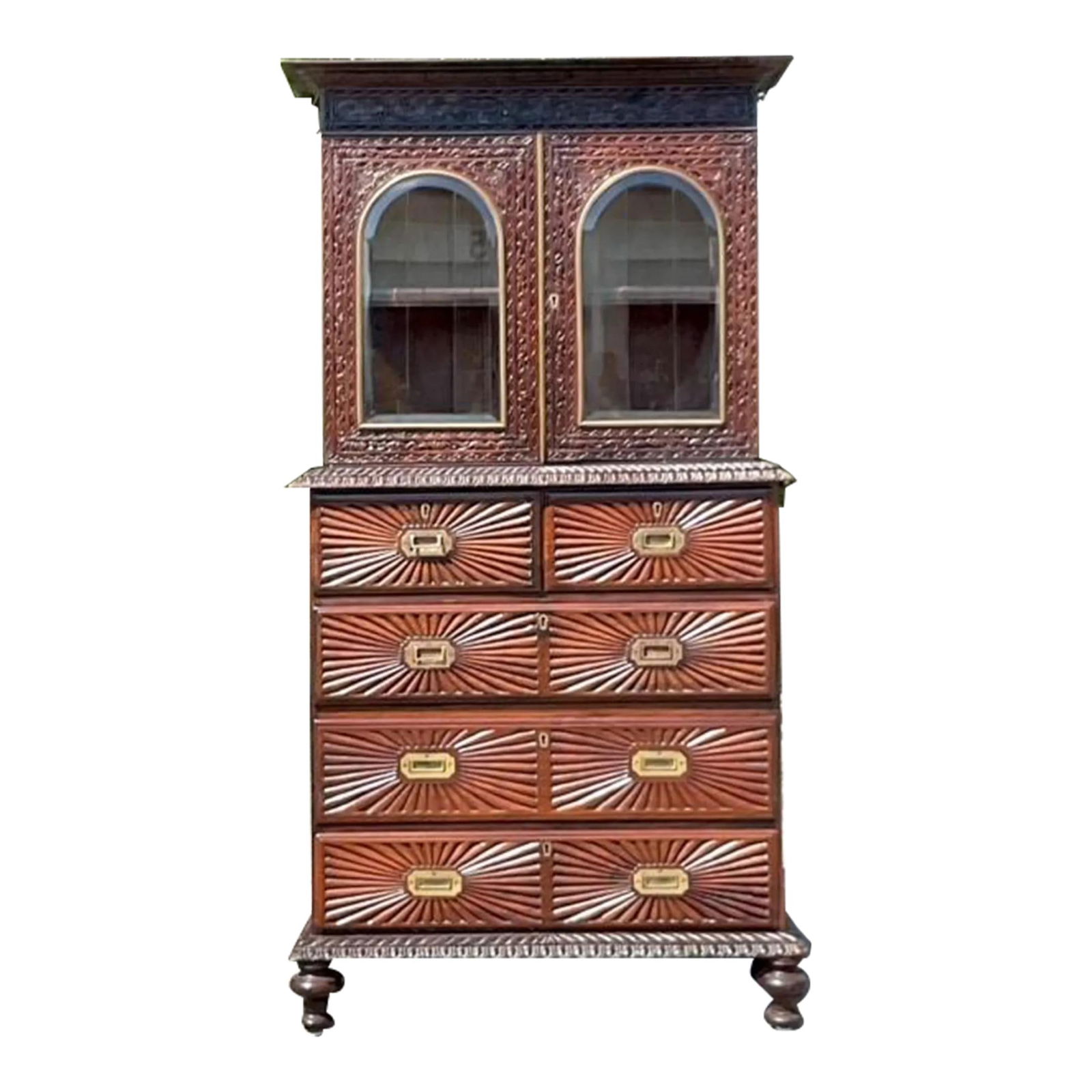 Early 20th Century Boho Anglo Indian Carved Sunburst Cabinet Oxblood Red: Early 20th Century Boho Anglo Indian Carved Sunburst Cabinet Oxblood Red Enhance your living space with this vintage Boho Anglo Indian carved sunburst cabinet, showcasing exquisite craftsmanship and a