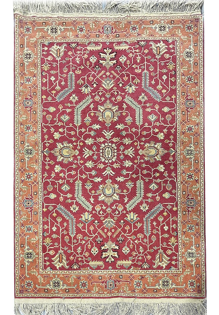 4' x 6' Hand-Knotted Mahal Rug in Burgundy Rust Green Wool: 4' x 6' Hand-Knotted Mahal Rug in Burgundy Rust Green Wool Free continental US Shipping Enhance your living space with this exquisite 4' x 6' Quality Handmade Rug, a perfect combination of elegance an
