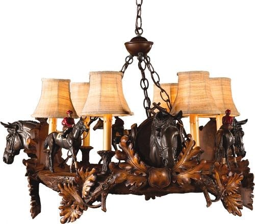 Rustic Equestrian Horse and Jockey 6-Light Bowl Chandelier: Rustic Equestrian Horse and Jockey 6-Light Bowl Chandelier Illuminate your space with this stunning Rustic Horse and Jockey 6-Light Chandelier, perfect for adding a touch of equestrian charm to any lo