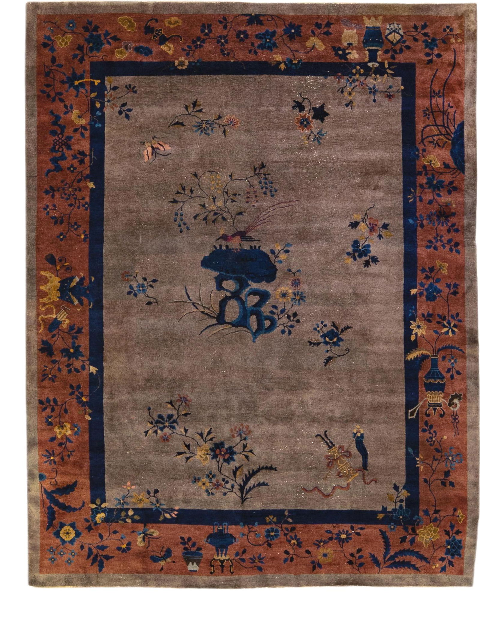 Antique Art Deco Floral Chinese Wool Rug 8'10 x 11'5: Antique Art Deco Floral Chinese Wool Rug 8'10 x 11'5 Discover the elegance of this antique Art Deco Chinese hand-knotted wool rug, featuring a striking gray field paired with a tan frame. Adorned with