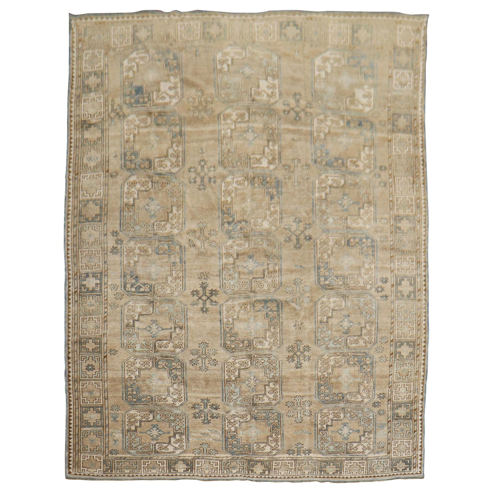 Tribal Wool Ersari Rug in Soft Brown and Blue 7'4" x 9'8": Tribal Wool Ersari Rug in Soft Brown and Blue 7'4" x 9'8" This exquisite Soft Brown Denim Blue Tribal Ersari Carpet is a unique piece from the 20th century, originally crafted in Central Asia during t