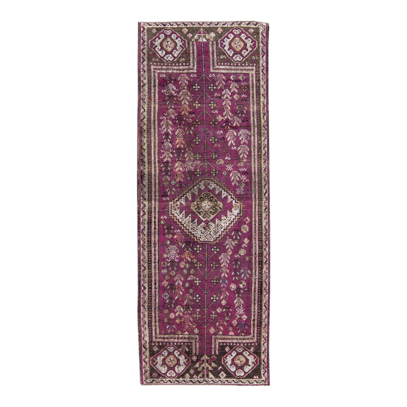 Vintage Persian Hand-Knotted Geometric Wool Runner 4'4" x 12' Purple: Vintage Persian Hand-Knotted Geometric Wool Runner 4'4" x 12' Purple This stunning Vintage Persian runner features a beautifully distressed hand-knotted wool construction in a rich purple color field.