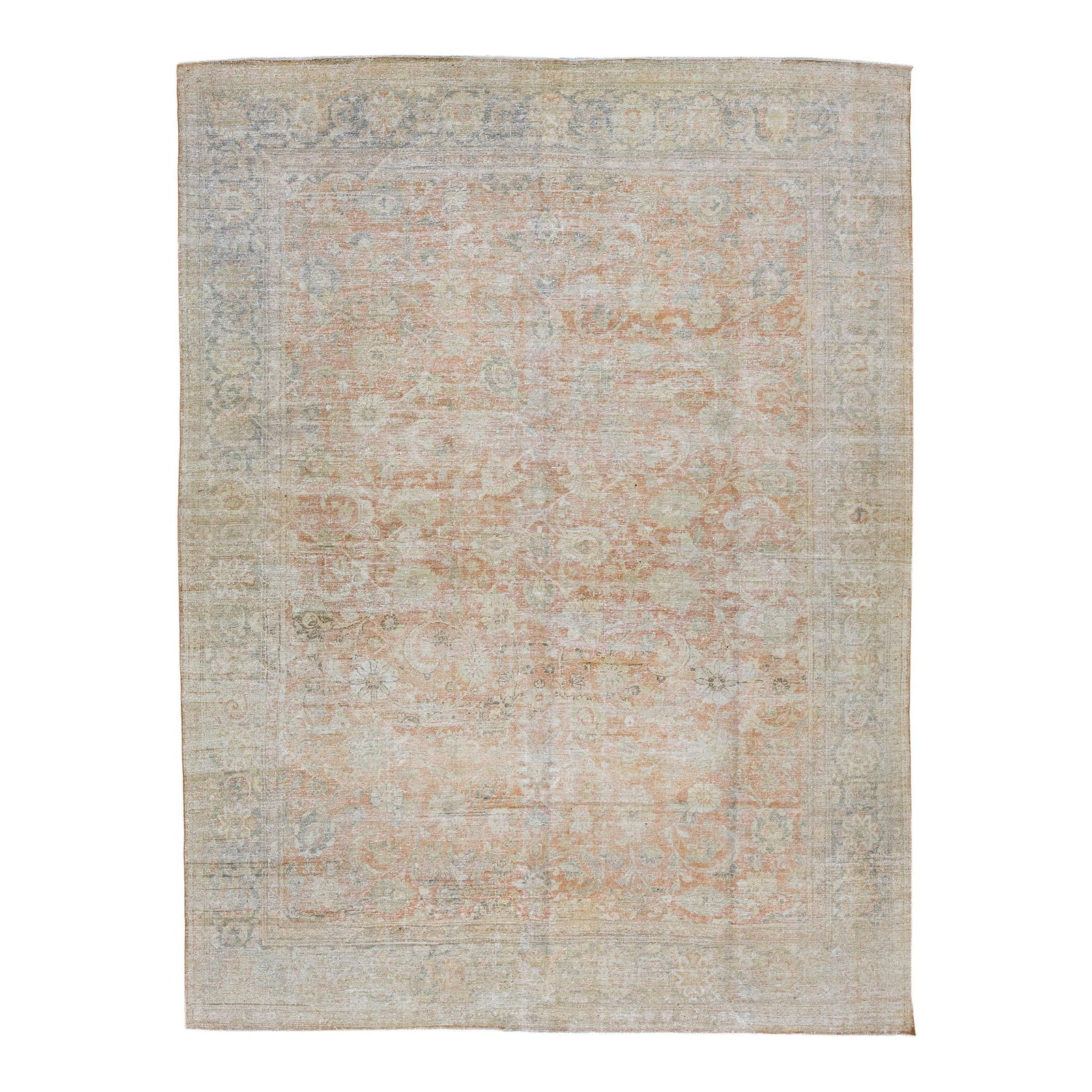 Antique Persian Mahal Handmade Wool Rug 9'8 x 12'9 Shabby Chic Rust: Antique Persian Mahal Handmade Wool Rug 9'8 x 12'9 Shabby Chic Rust Discover this exquisite Antique Shabby Chic Mahal rug, hand-knotted from wool, showcasing a beautiful rust-orange color field accent