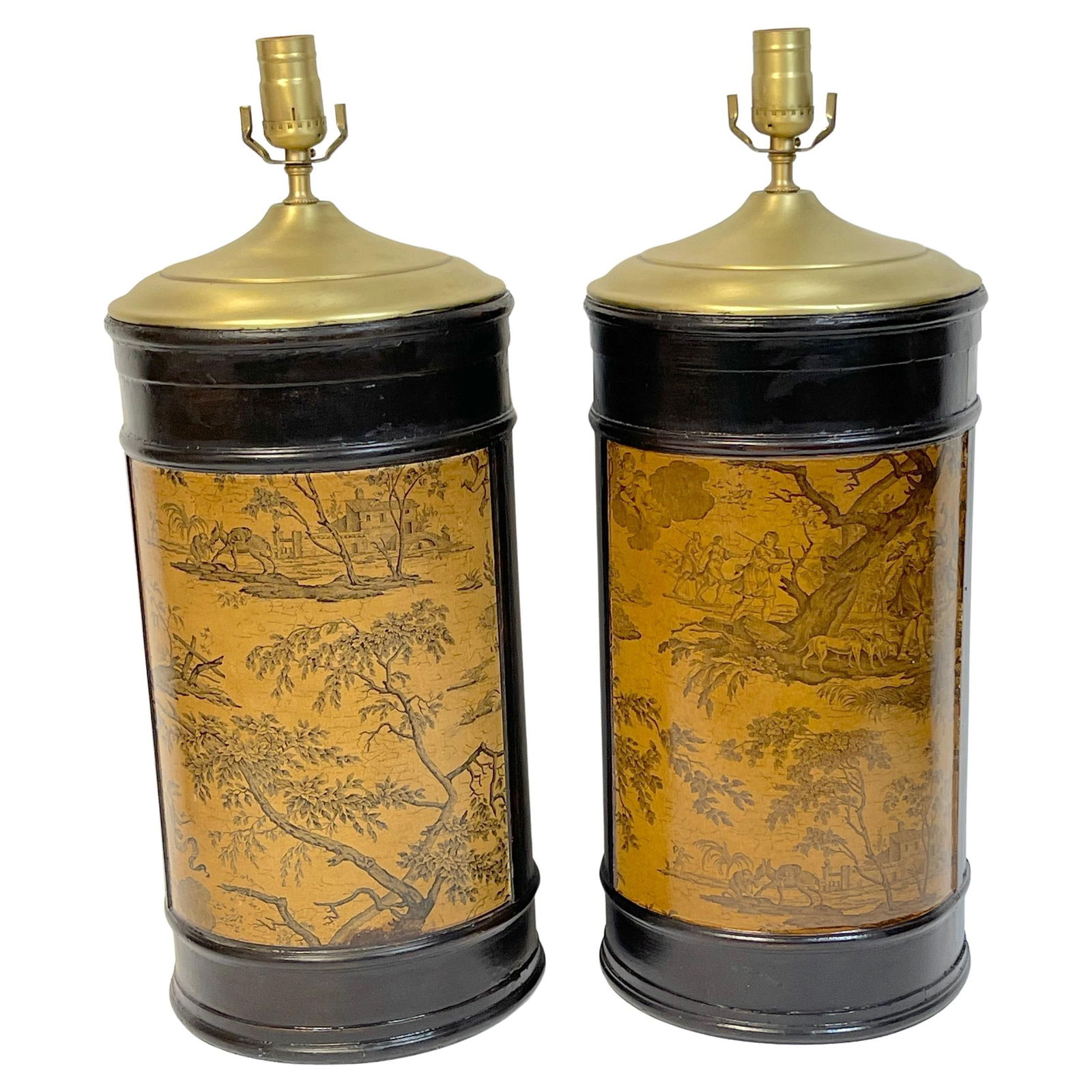 French Neoclassical Toile Decoupage Column Lamps Set of 2: French Neoclassical Toile Decoupage Column Lamps Set of 2 This elegant pair of French Neoclassical Toile decoupage and wood column lamps adds a touch of sophistication to any space. Each lamp features