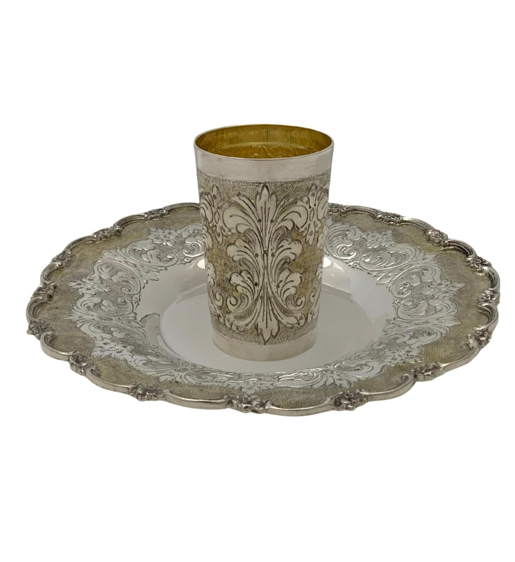Italian 925 Sterling Silver Gilded Handmade Floral Cup and Tray Set: Italian 925 Sterling Silver Gilded Handmade Floral Cup and Tray Set Experience elegance with this exquisite handmade Italian cup and tray set crafted from fine 925 sterling silver. The set features or