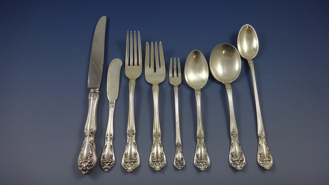 Alvin Chateau Rose Sterling Silver Flatware Set for 12 104 Pieces: Alvin Chateau Rose Sterling Silver Flatware Set for 12 104 Pieces Enhance your dining experience with the Chateau Rose by Alvin Sterling Silver Flatware Set, a stunning collection designed to serve 12