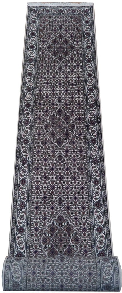 22' Handmade Mahi Tabriz Runner Wool Silk Area Rug Ivory Brown Blue Rust: 22' Handmade Mahi Tabriz Runner Wool Silk Area Rug Ivory Brown Blue Rust Free continental US Shipping Elevate your living space with this exquisite 22-foot-long Handmade Mahi Tabriz Runner, a true mas