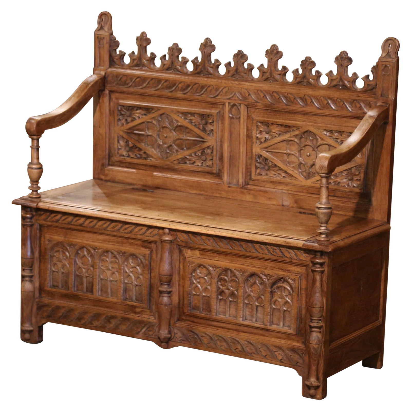 19th Century French Gothic Revival Bleached Oak Hall Bench with Trapdoor: 19th Century French Gothic Revival Bleached Oak Hall Bench with Trapdoor This exquisite 19th Century French Gothic Revival hall bench is a stunning addition to any entryway, hallway, or mudroom. Craft