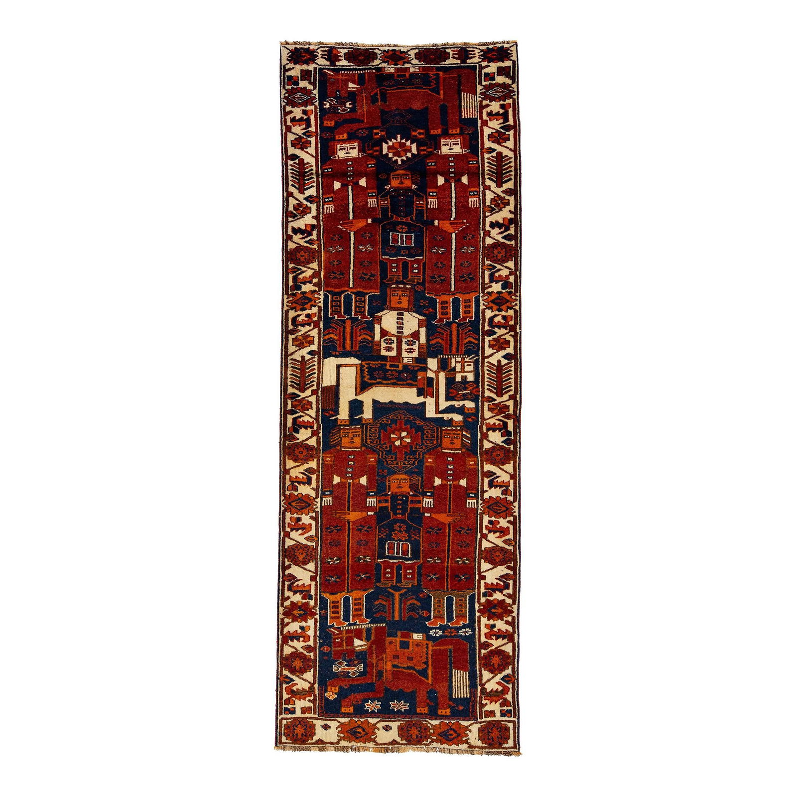 1960s Hand-Knotted Shiraz Wool Runner Navy Blue Rust Pictorial Motif: 1960s Hand-Knotted Shiraz Wool Runner Navy Blue Rust Pictorial Motif This stunning vintage Shiraz hand-knotted wool runner features a captivating pictorial motif with a rich navy blue field, complemen