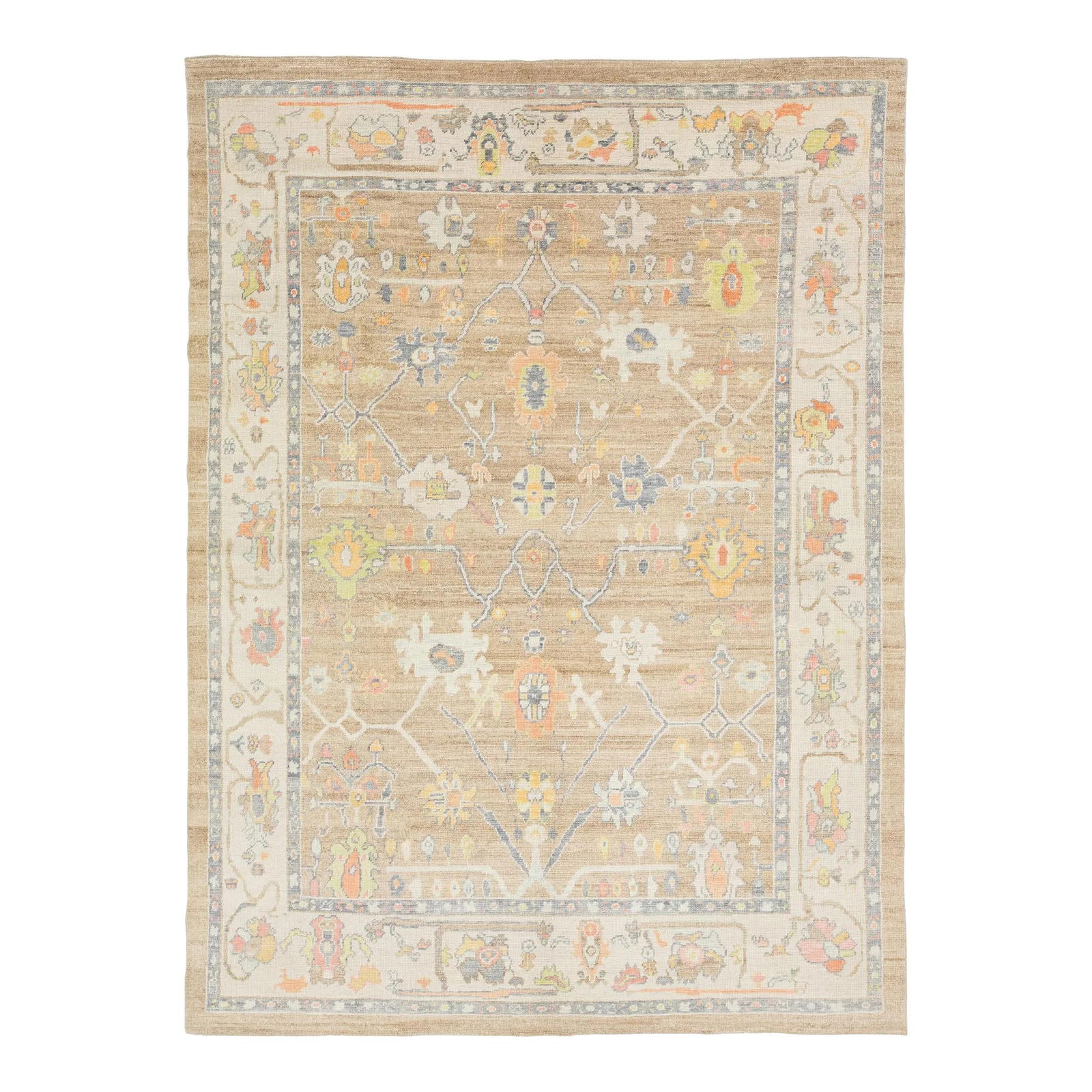 Light Brown Turkish Oushak Wool Rug 8'7" x 11'8" Floral Design: Light Brown Turkish Oushak Wool Rug 8'7" x 11'8" Floral Design Enhance your living space with this stunning hand-knotted modern Turkish Oushak wool rug. Featuring a light brown field adorned with a ca