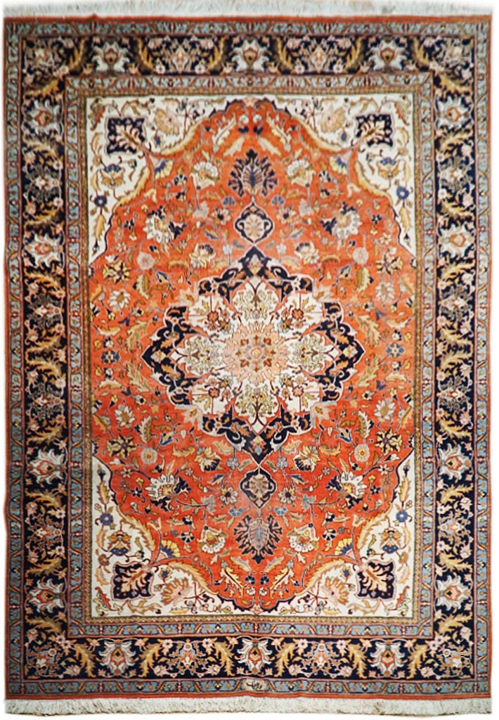 Handcrafted 8'2 x 12 Persian Tabriz Rug Orange Red Silk-like Pile: Handcrafted 8'2 x 12 Persian Tabriz Rug Orange Red Silk-like Pile Free continental US Shipping Transform your space with this exquisite handcrafted Persian Tabriz rug, measuring 8' 2" x 12'. Featuring