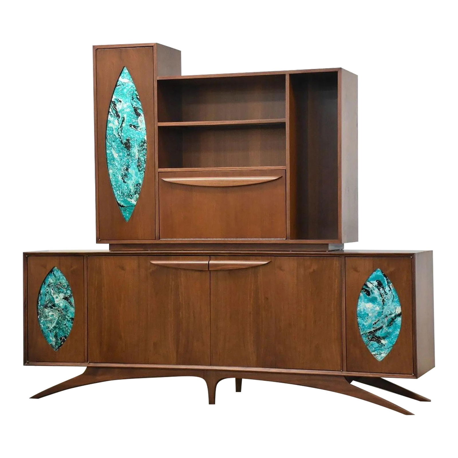 Mid-Century Modern Walnut Sideboard Credenza in Vladimir Kagan Style: Mid-Century Modern Walnut Sideboard Credenza in Vladimir Kagan Style This exquisite mid-century modern sideboard credenza showcases a stunning walnut finish and is designed in the iconic style of Vlad