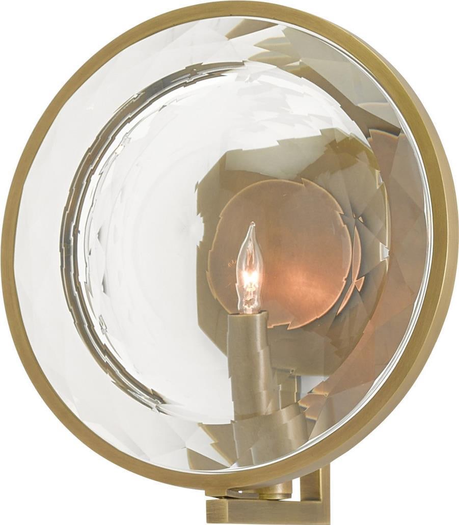 Currey MarjieScope Brass Wall Sconce with Crystal Design: Currey MarjieScope Brass Wall Sconce with Crystal Design Introduce an elegant touch to your space with the MarjieScope Wall Sconce, inspired by vintage designs. This stunning wall fixture features a u