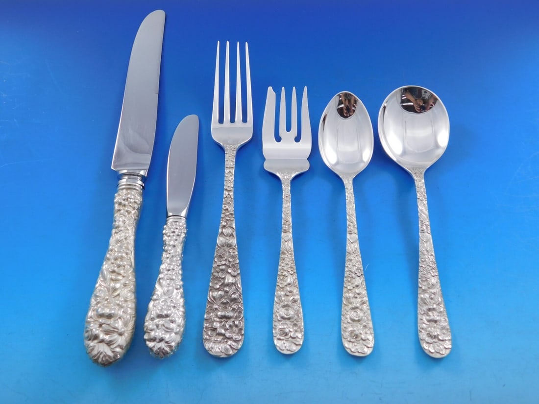 Stieff Rose Sterling Silver Flatware Set for 12 82 Pieces Repousse: Stieff Rose Sterling Silver Flatware Set for 12 82 Pieces Repousse This exquisite Rose by Stieff Sterling Silver Flatware Set is designed for 12 and includes a total of 82 pieces, showcasing an elabor