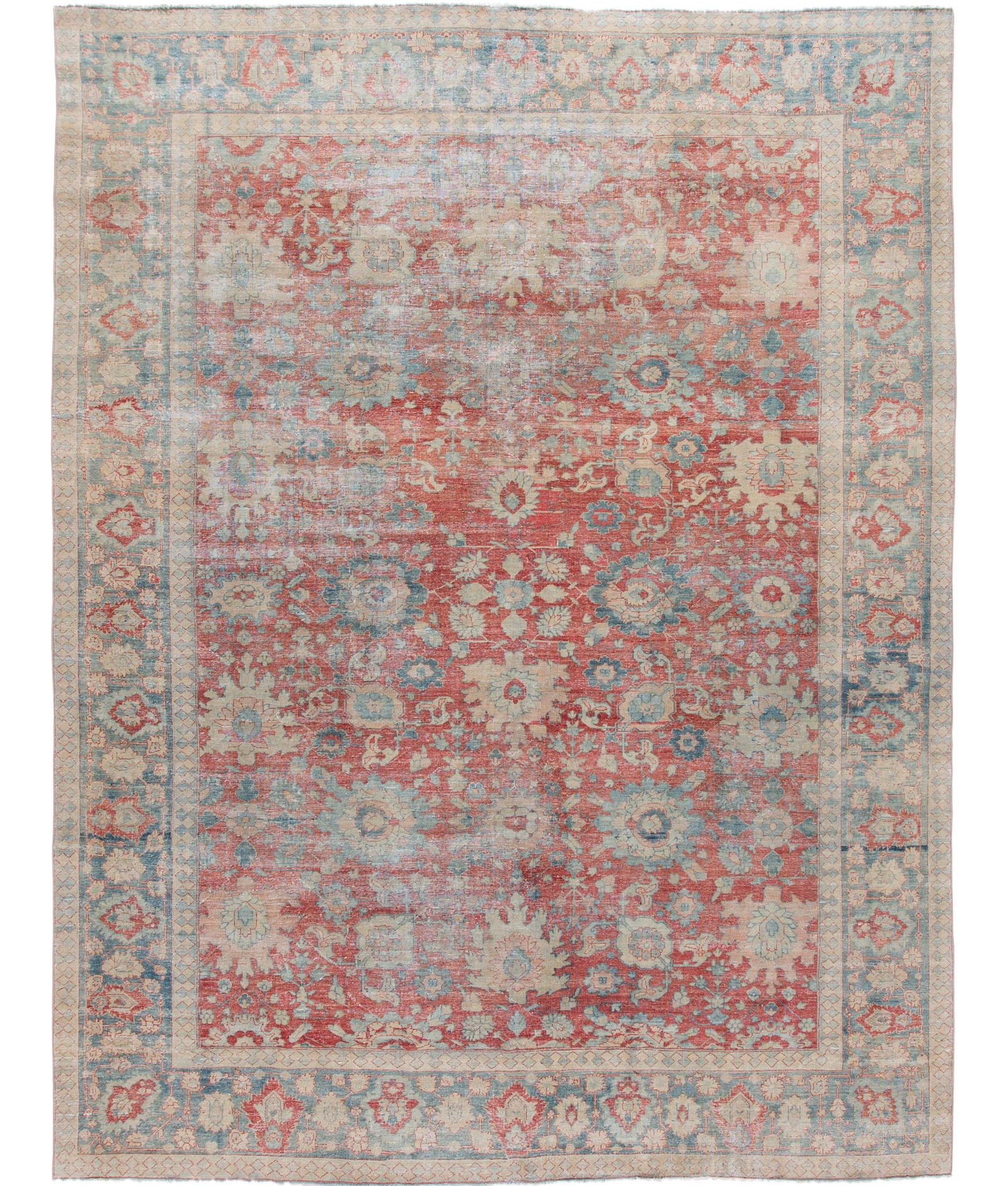 Antique Mahal Hand-Knotted Red Wool Rug 9'10 x 13 Floral Design: Antique Mahal Hand-Knotted Red Wool Rug 9'10 x 13 Floral Design This exquisite antique Mahal hand-knotted wool rug features a striking red field, beautifully complemented by a blue frame and delicate