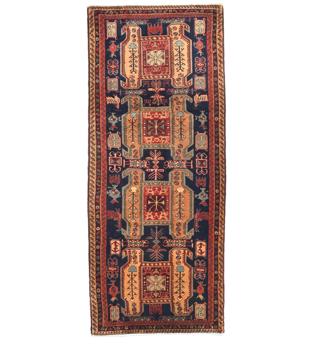 Vintage Tribal Geometric Hand-Knotted Wool Runner Rug 4'0 x 9'5: Vintage Tribal Geometric Hand-Knotted Wool Runner Rug 4'0 x 9'5 Enhance your space with this stunning Tribal Geometric Oriental Rug, perfect for farmhouse decor. This handmade runner features a vibran