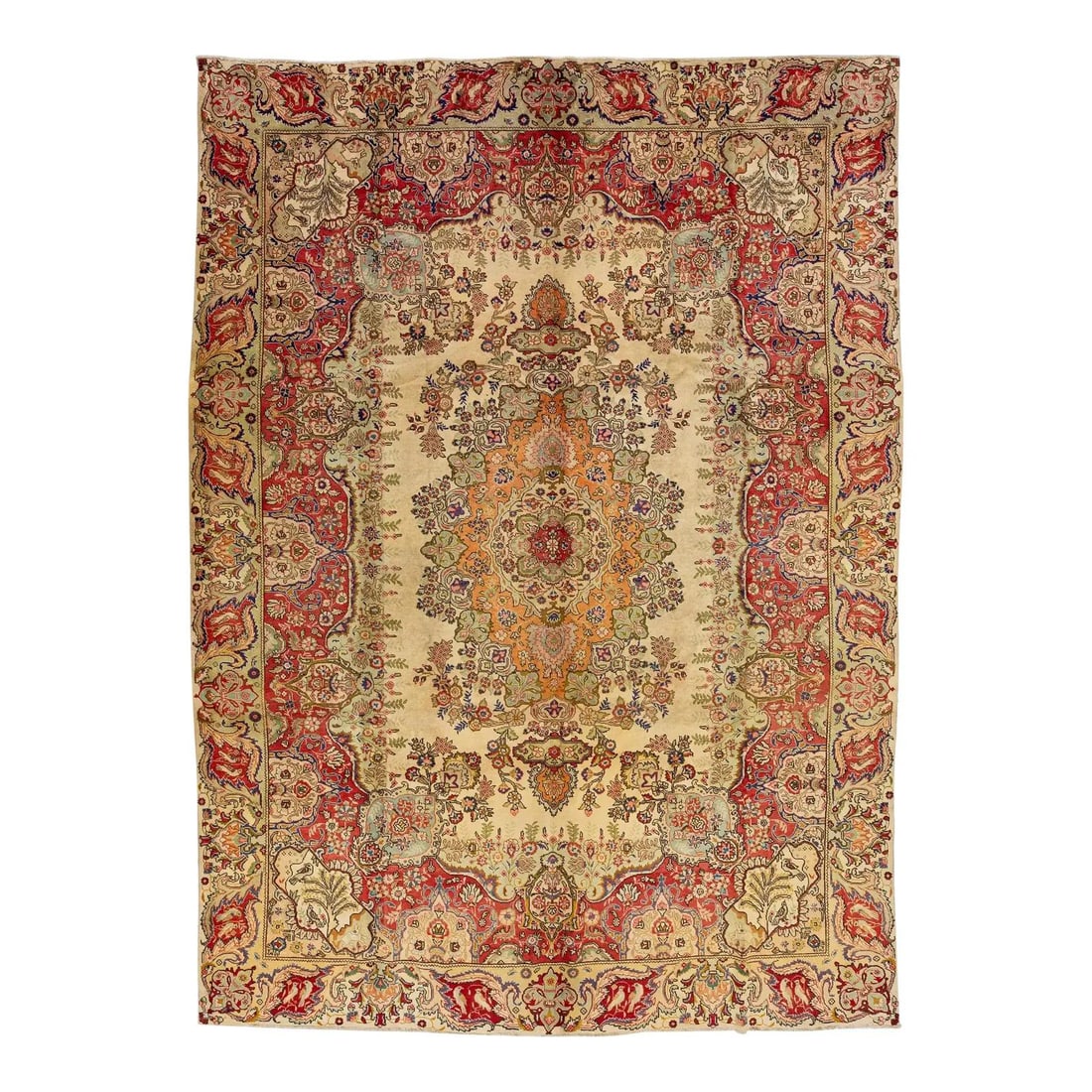 Vintage 1930s Handcrafted Persian Wool Rug 9'8 x 13'3 Rosette Motif: Vintage 1930s Handcrafted Persian Wool Rug 9'8 x 13'3 Rosette Motif Enhance your space with this vintage 1930s tan handcrafted Persian wool rug, featuring a stunning rosette motif adorned with multico