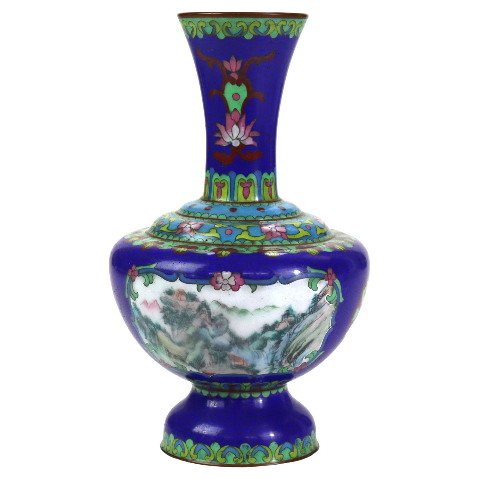 Antique Cloisonne Vase C1920 Landscape Floral Design 9.25in: Antique Cloisonne Vase C1920 Landscape Floral Design 9.25in This exquisite antique cloisonne vase, dating back to circa 1920, features a stunning landscape scene complemented by intricate floral eleme
