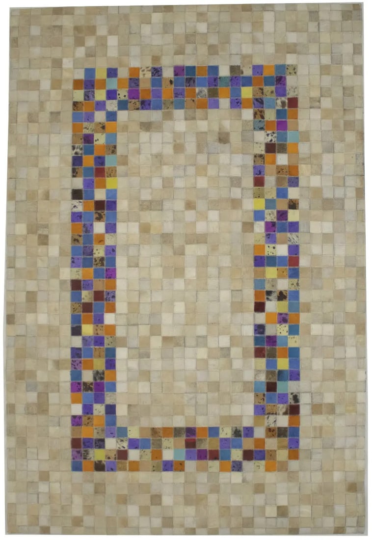 5x8 Foot Geometric Multicolored Leather Area Rug Modern Handmade Patchwork: 5x8 Foot Geometric Multicolored Leather Area Rug Modern Handmade Patchwork This modern patchwork leather rug features a contemporary geometric pattern in multicolored tones, primarily beige. Handcraft