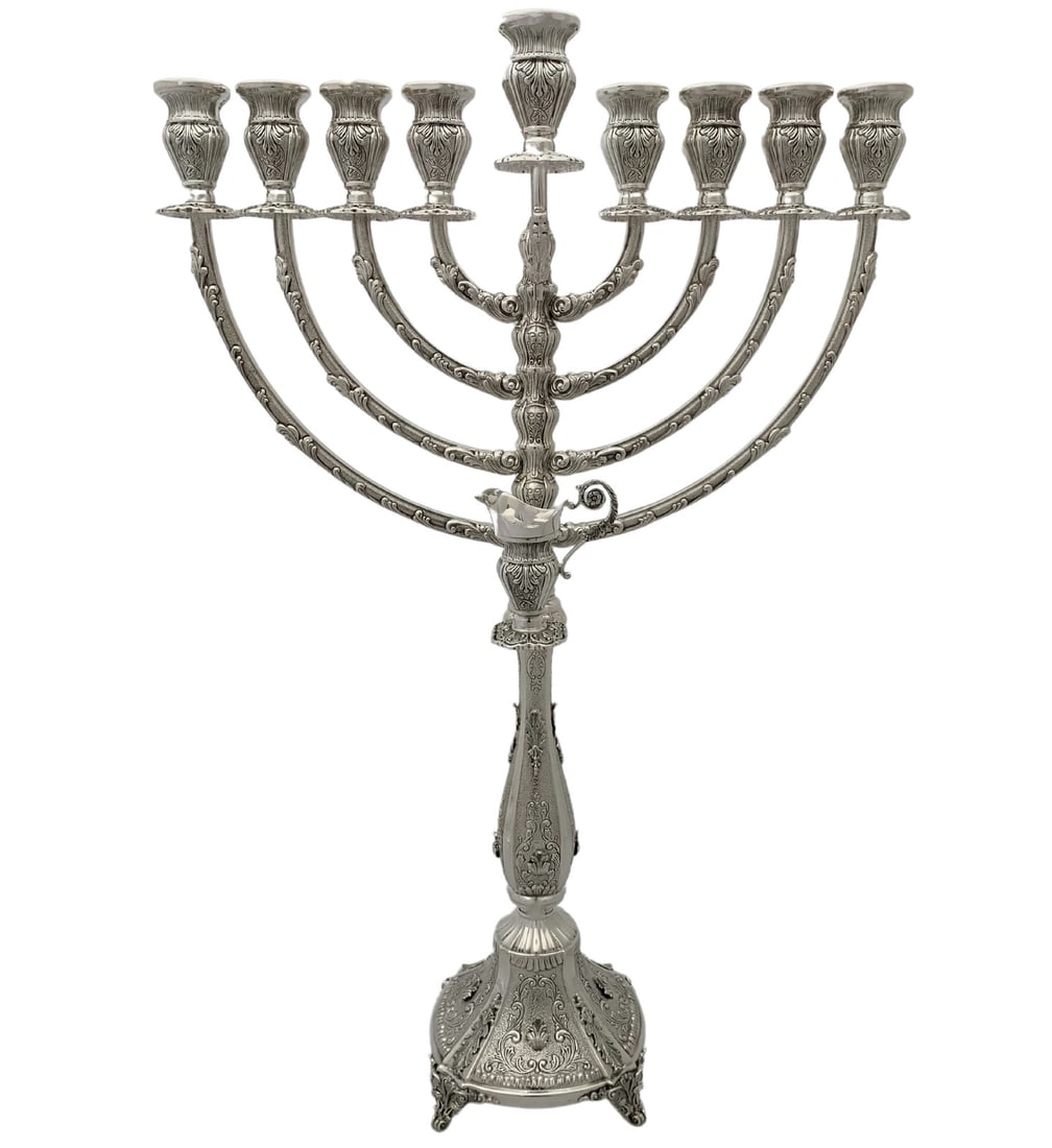 Handmade 925 Sterling Silver Ornate Chanukah Menorah 25.25 Inches: Handmade 925 Sterling Silver Ornate Chanukah Menorah 25.25 Inches This exquisite Chanukah Menorah is crafted from fine 925 sterling silver, showcasing intricate handmade leaf applique designs with bot