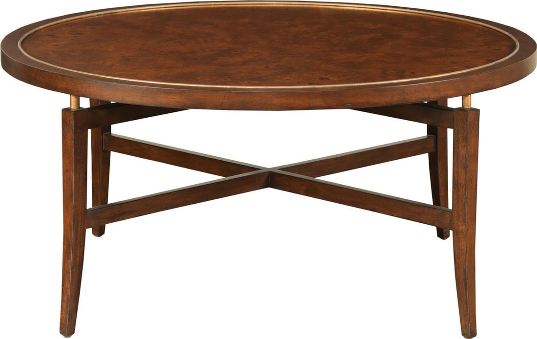 Port Eliot Round Ash Burl Cocktail Table with Mahogany Base: Port Eliot Round Ash Burl Cocktail Table with Mahogany Base This elegant cocktail table features a stunning ash burl top supported by a mahogany base, blending traditional craftsmanship with a sophist