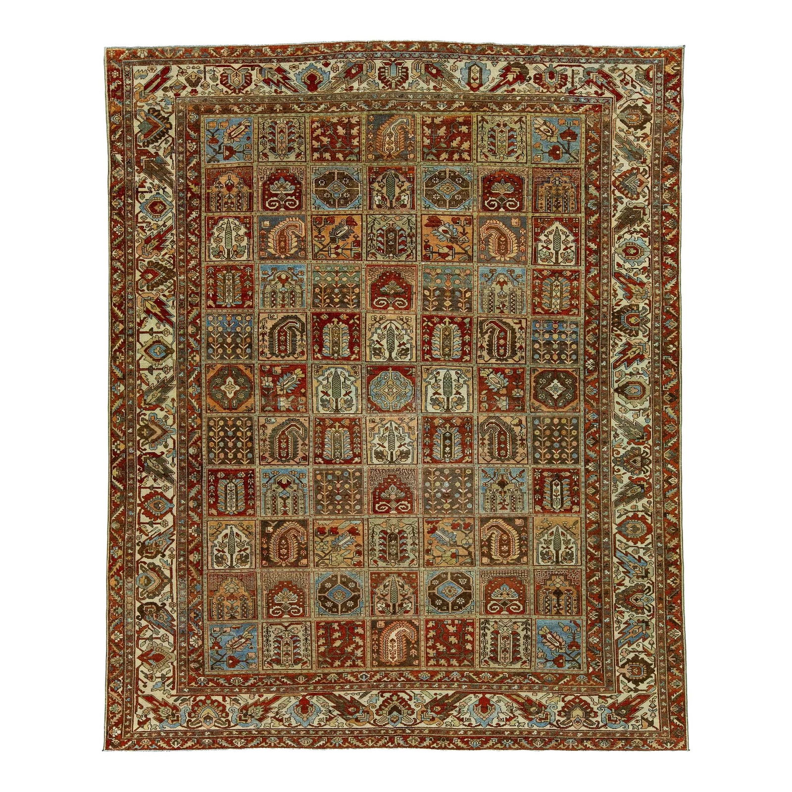 Antique Bakhtiari Wool Rug 10'6 x 13 Allover Multicolor Design: Antique Bakhtiari Wool Rug 10'6 x 13 Allover Multicolor Design This stunning antique Bakhtiari wool rug features a vibrant all-over geometric floral design, showcasing a rich palette of blue, red-rust